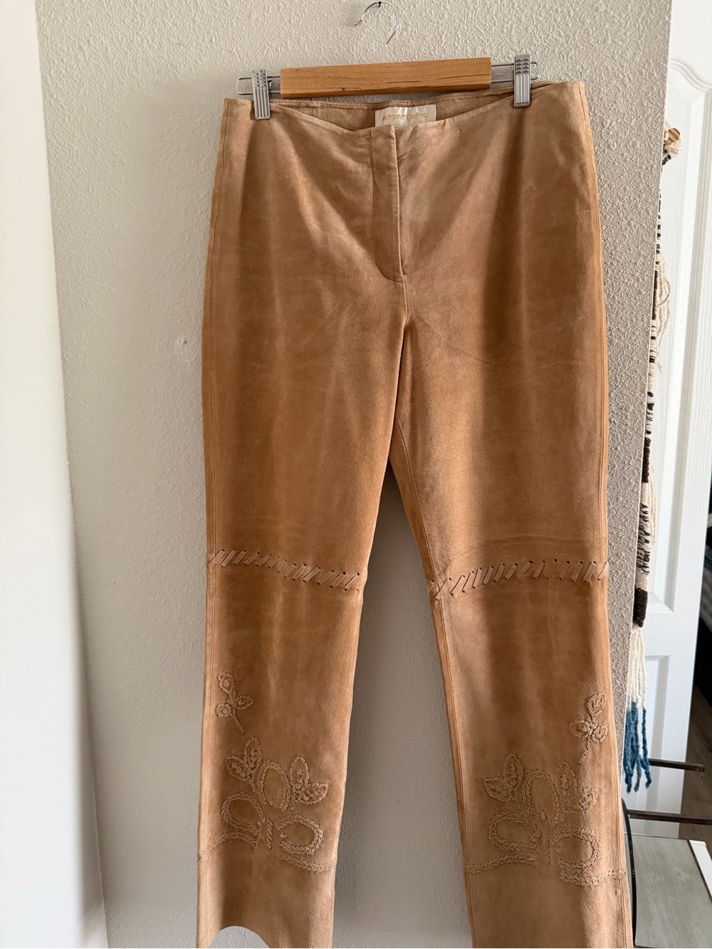 Women's Tan Suede Embroidered Jeans - Picture 2 of 13